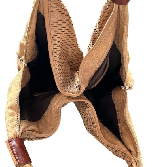 49 Square Miles Nubuck Leather Slouchy Hobo Shoulder Bag Perforated Tan Tote - Picture 11 of 14